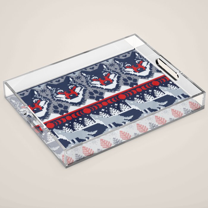 Fair isle knitting grey wolf // navy blue and grey wolves red moons and pine trees Acrylic Tray Gallery Image 1