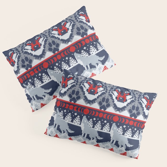 Fair isle knitting grey wolf // navy blue and grey wolves red moons and pine trees Pillow Sham Gallery Image 3