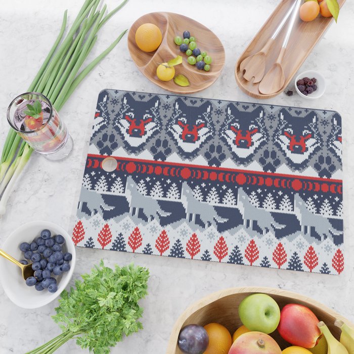Fair isle knitting grey wolf // navy blue and grey wolves red moons and pine trees Cutting Board Gallery Image 2