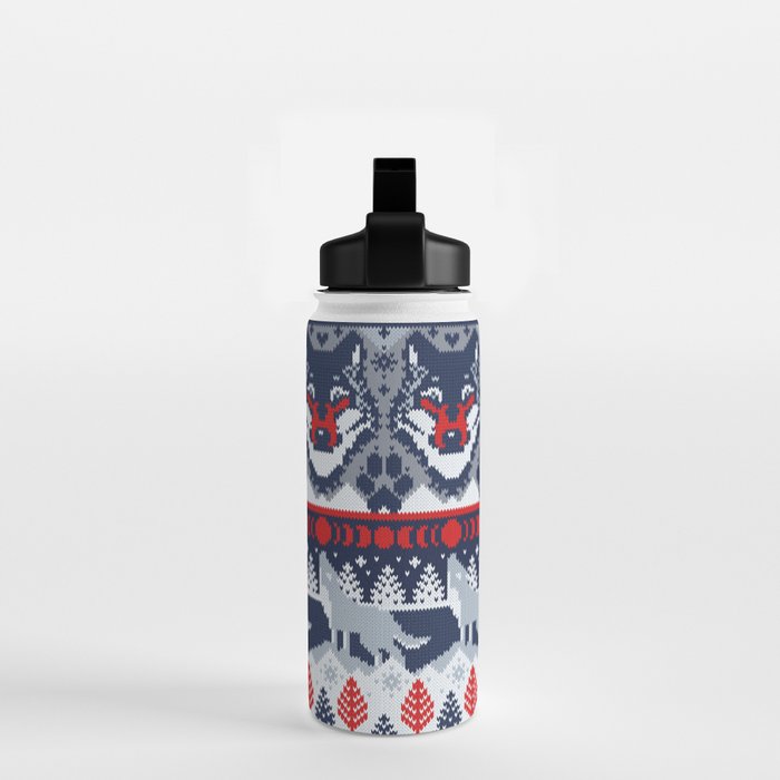 Fair isle knitting grey wolf // navy blue and grey wolves red moons and pine trees Water Bottle Gallery Image 2