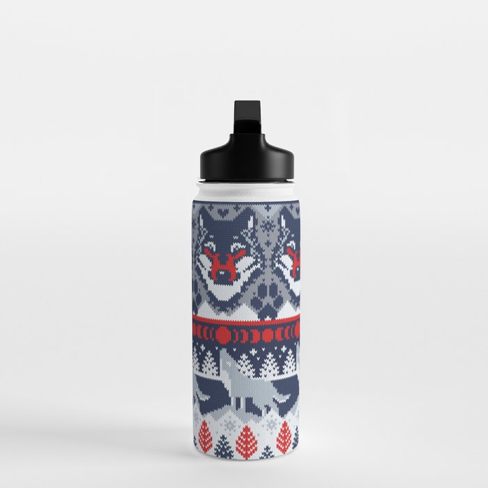Fair isle knitting grey wolf // navy blue and grey wolves red moons and pine trees Water Bottle Gallery Image 3