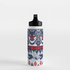 Fair isle knitting grey wolf // navy blue and grey wolves red moons and pine trees Water Bottle Gallery Image 3