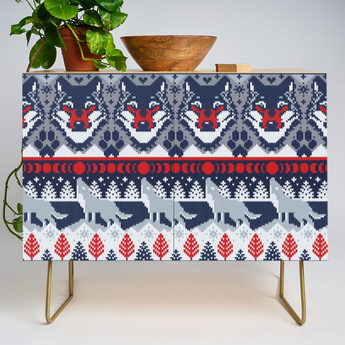 Fair isle knitting grey wolf // navy blue and grey wolves red moons and pine trees Credenza Gallery Image 1