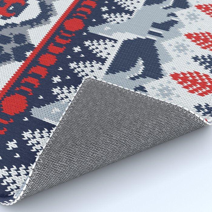 Fair isle knitting grey wolf // navy blue and grey wolves red moons and pine trees Rug Gallery Image 4