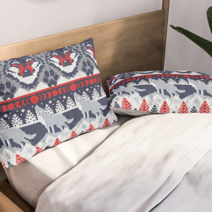 Fair isle knitting grey wolf // navy blue and grey wolves red moons and pine trees Pillow Sham Gallery Image 2