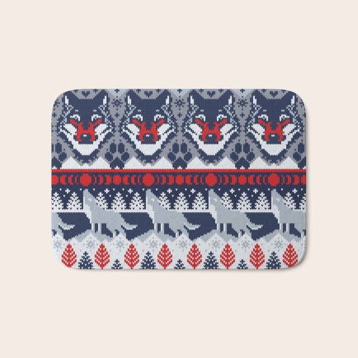 Fair isle knitting grey wolf // navy blue and grey wolves red moons and pine trees Bath Mat Gallery Image 1