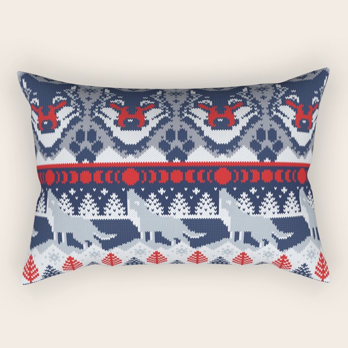 Fair isle knitting grey wolf // navy blue and grey wolves red moons and pine trees Rectangular Pillow Gallery Image 2