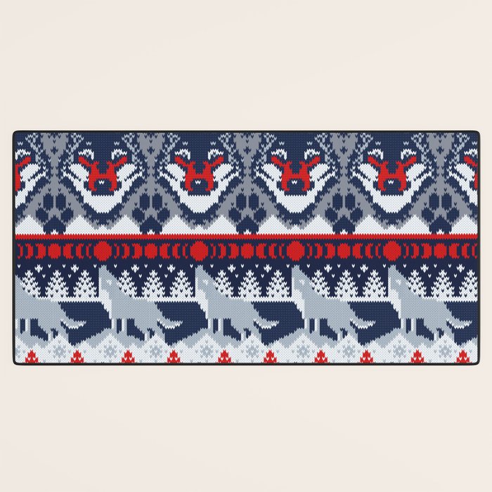 Fair isle knitting grey wolf // navy blue and grey wolves red moons and pine trees Desk Mat Gallery Image 3