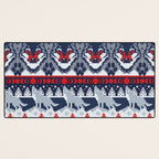 Fair isle knitting grey wolf // navy blue and grey wolves red moons and pine trees Desk Mat Gallery Image 3
