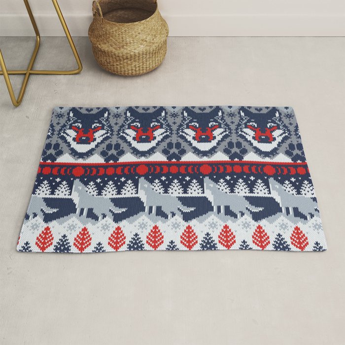 Fair isle knitting grey wolf // navy blue and grey wolves red moons and pine trees Rug Gallery Image 1