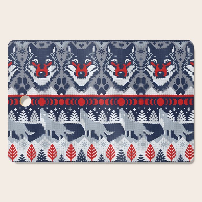 Fair isle knitting grey wolf // navy blue and grey wolves red moons and pine trees Cutting Board Gallery Image 1