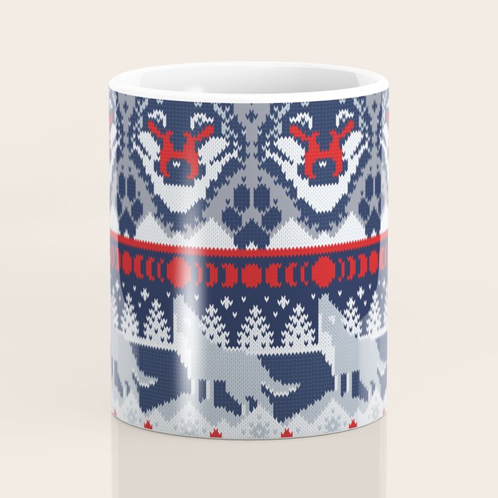 Fair isle knitting grey wolf // navy blue and grey wolves red moons and pine trees Coffee Mug Gallery Image 4