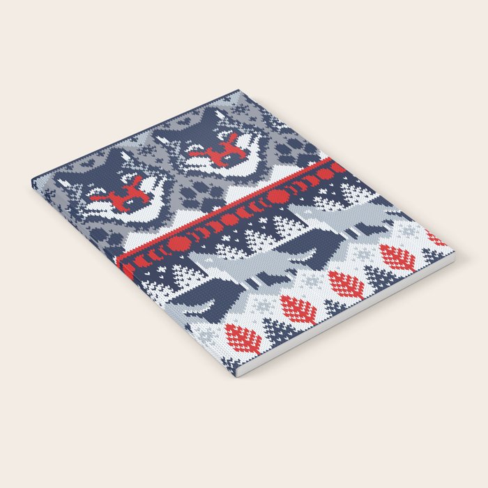 Fair isle knitting grey wolf // navy blue and grey wolves red moons and pine trees Notebook Gallery Image 2