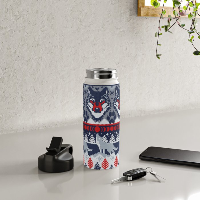 Fair isle knitting grey wolf // navy blue and grey wolves red moons and pine trees Water Bottle Gallery Image 4