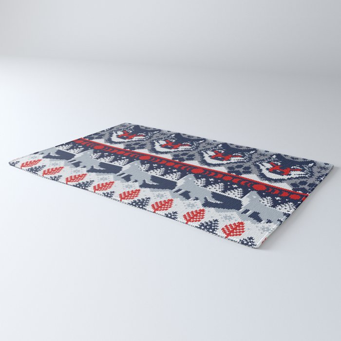 Fair isle knitting grey wolf // navy blue and grey wolves red moons and pine trees Rug Gallery Image 3