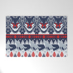 Fair isle knitting grey wolf // navy blue and grey wolves red moons and pine trees Welcome Mat Gallery Image 1