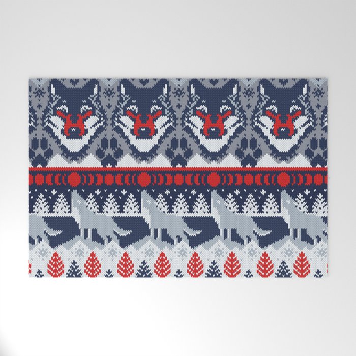 Fair isle knitting grey wolf // navy blue and grey wolves red moons and pine trees Welcome Mat Gallery Image 1