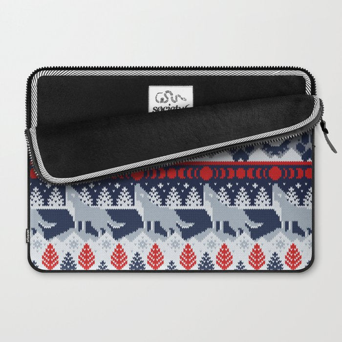 Fair isle knitting grey wolf // navy blue and grey wolves red moons and pine trees Laptop Sleeve Gallery Image 2