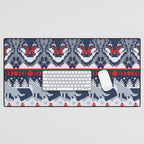 Fair isle knitting grey wolf // navy blue and grey wolves red moons and pine trees Desk Mat Gallery Image 1