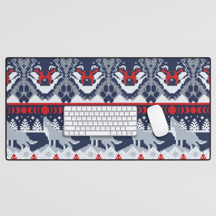 Fair isle knitting grey wolf // navy blue and grey wolves red moons and pine trees Desk Mat Gallery Image 1