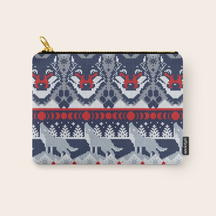 Fair isle knitting grey wolf // navy blue and grey wolves red moons and pine trees Carry All Pouch Gallery Image 1