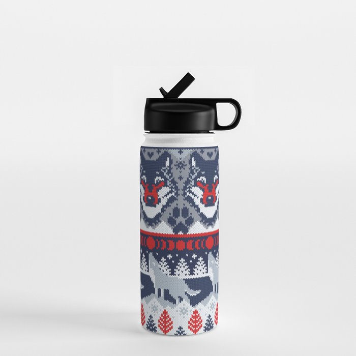 Fair isle knitting grey wolf // navy blue and grey wolves red moons and pine trees Water Bottle Gallery Image 1