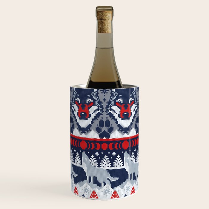 Fair isle knitting grey wolf // navy blue and grey wolves red moons and pine trees Wine Chiller Gallery Image 1