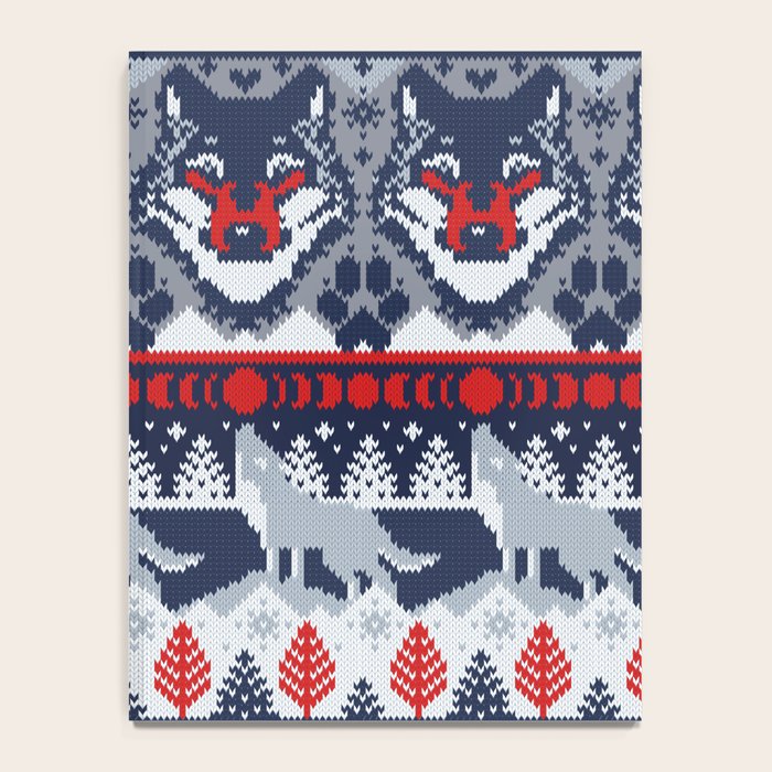 Fair isle knitting grey wolf // navy blue and grey wolves red moons and pine trees Notebook Gallery Image 4