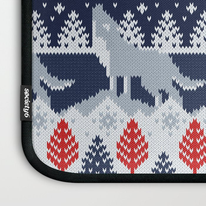 Fair isle knitting grey wolf // navy blue and grey wolves red moons and pine trees Laptop Sleeve Gallery Image 3