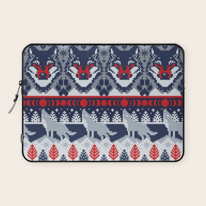 Fair isle knitting grey wolf // navy blue and grey wolves red moons and pine trees Laptop Sleeve Gallery Image 1