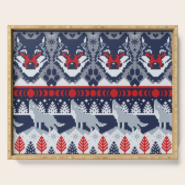 Fair isle knitting grey wolf // navy blue and grey wolves red moons and pine trees Serving Tray Gallery Image 1