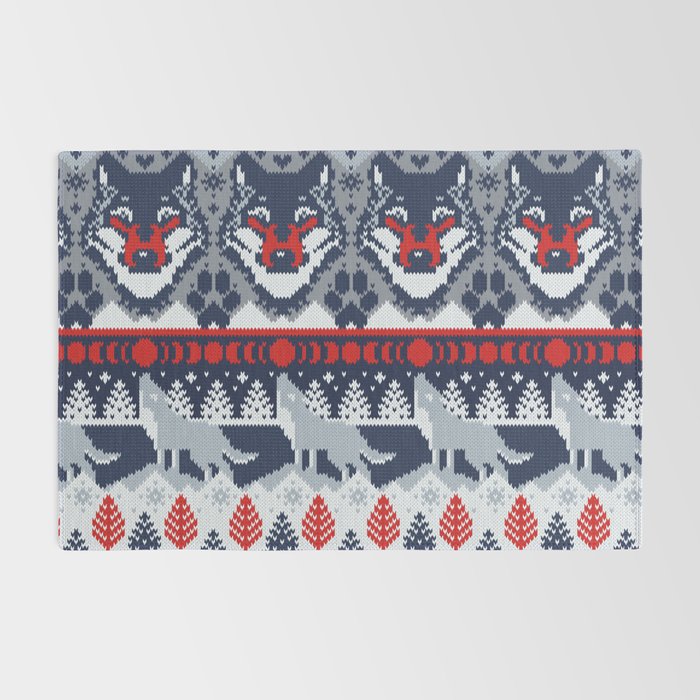 Fair isle knitting grey wolf // navy blue and grey wolves red moons and pine trees Rug Gallery Image 2
