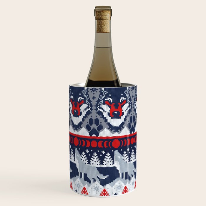 Fair isle knitting grey wolf // navy blue and grey wolves red moons and pine trees Wine Chiller Gallery Image 3