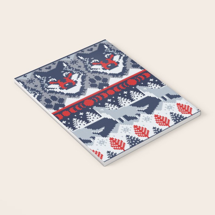 Fair isle knitting grey wolf // navy blue and grey wolves red moons and pine trees Notebook Gallery Image 3