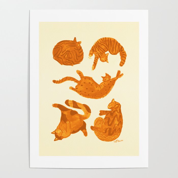 Sleepy Cozy Kitty Cats in Buttercup & Orange Poster Gallery Image 1