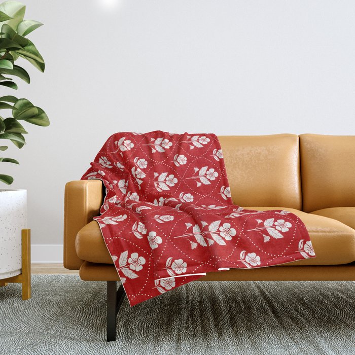 Hand-Drawn Nostalgic Floral Design in Bold Red Throw Blanket Gallery Image 1