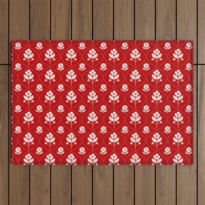 Hand-Drawn Nostalgic Floral Design in Bold Red Outdoor Rug Gallery Image 1