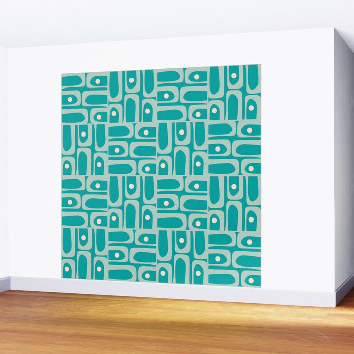 Mid Century Modern Piquet Abstract Geometric Multi Pattern in Aqua Teal Wall Mural Gallery Image 2