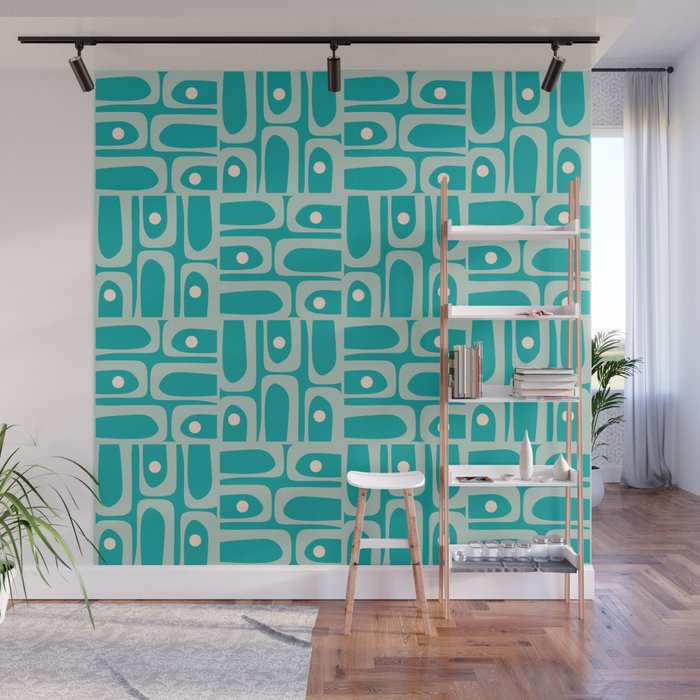Mid Century Modern Piquet Abstract Geometric Multi Pattern in Aqua Teal Wall Mural Gallery Image 1