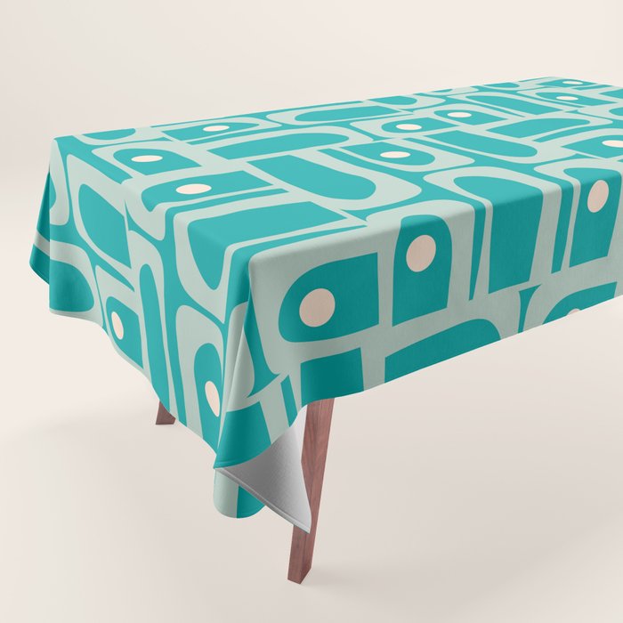 Mid Century Modern Piquet Abstract Geometric Multi Pattern in Aqua Teal Tablecloth Gallery Image 1
