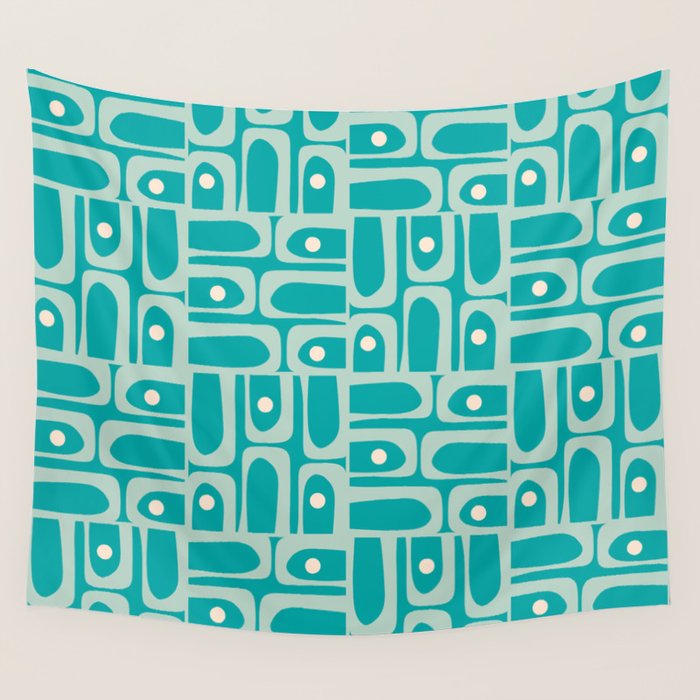 Mid Century Modern Piquet Abstract Geometric Multi Pattern in Aqua Teal Wall Tapestry Gallery Image 4