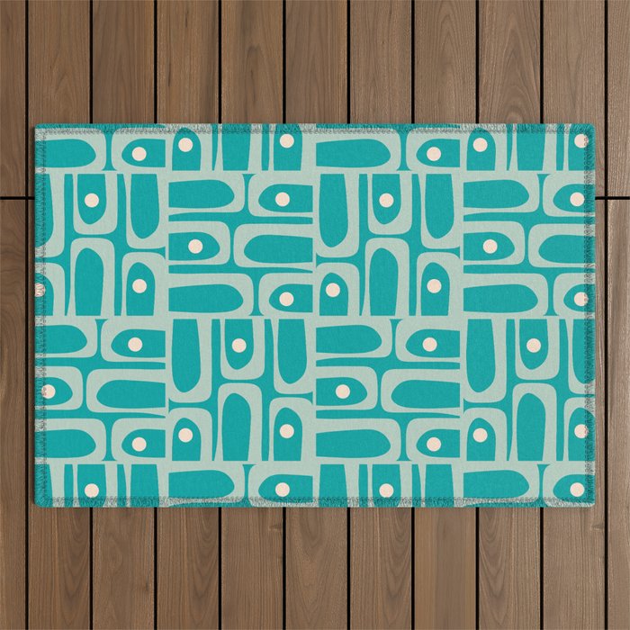 Mid Century Modern Piquet Abstract Geometric Multi Pattern in Aqua Teal Outdoor Rug Gallery Image 1