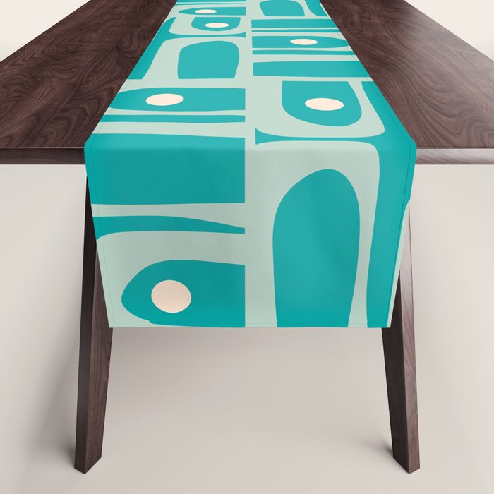 Mid Century Modern Piquet Abstract Geometric Multi Pattern in Aqua Teal Table Runner Gallery Image 1