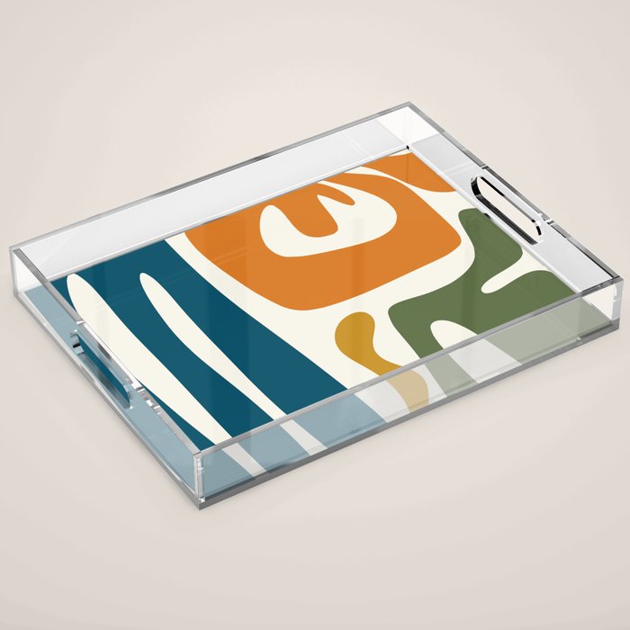 Mid Century Modern Abstract Kwaito Pattern in Moroccan Teal Orange Olive Cream Acrylic Tray Gallery Image 1
