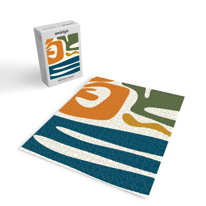 Mid Century Modern Abstract Kwaito Pattern in Moroccan Teal Orange Olive Cream Jigsaw Puzzle Gallery Image 2
