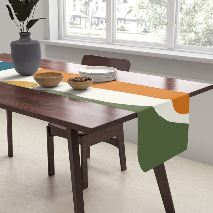 Mid Century Modern Abstract Kwaito Pattern in Moroccan Teal Orange Olive Cream Table Runner Gallery Image 2