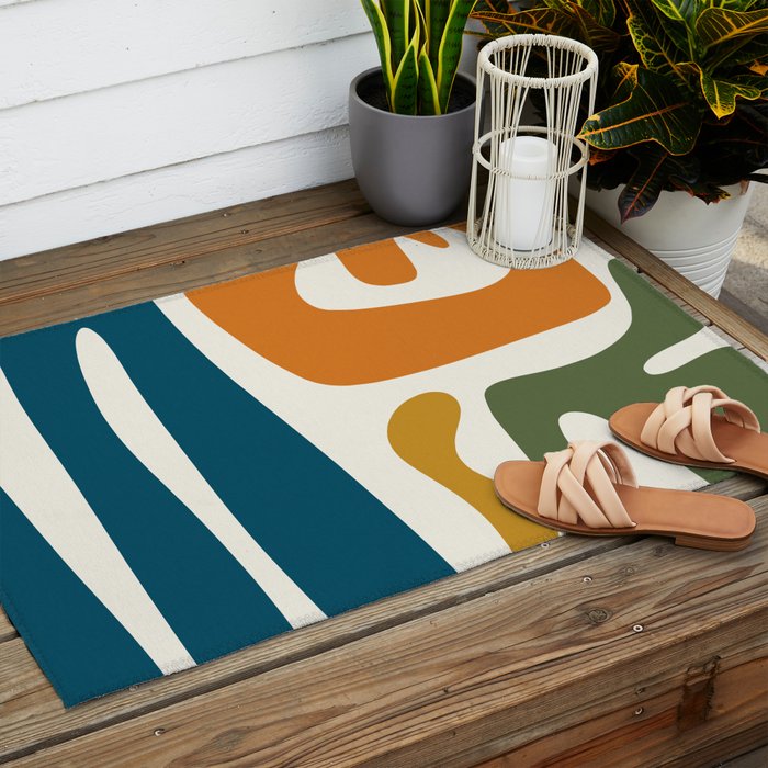 Mid Century Modern Abstract Kwaito Pattern in Moroccan Teal Orange Olive Cream Outdoor Rug Gallery Image 2