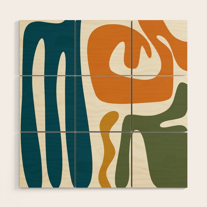 Mid Century Modern Abstract Kwaito Pattern in Moroccan Teal Orange Olive Cream Wood Wall Art Gallery Image 1