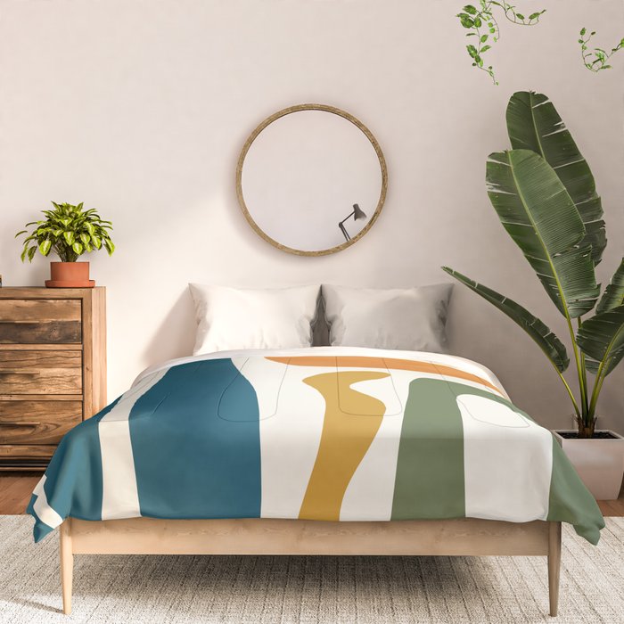 Mid Century Modern Abstract Kwaito Pattern in Moroccan Teal Orange Olive Cream Comforter Gallery Image 3