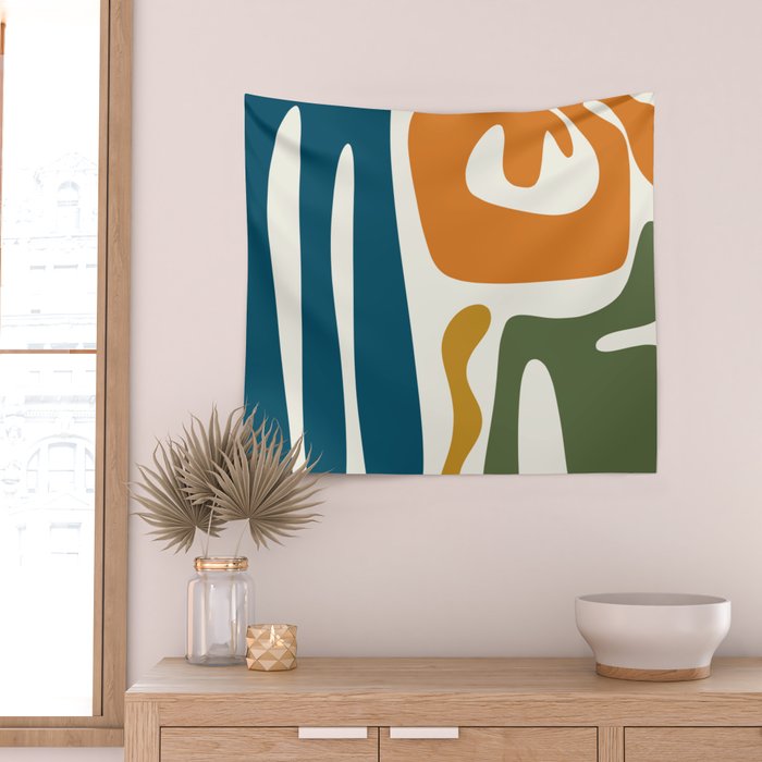 Mid Century Modern Abstract Kwaito Pattern in Moroccan Teal Orange Olive Cream Wall Tapestry Gallery Image 2